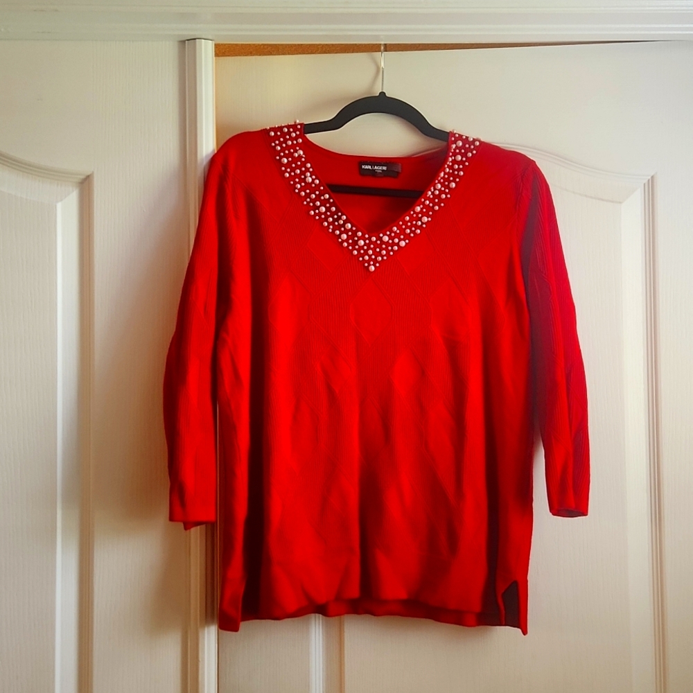 Holiday Knit Shirt with Pearl Trim Collar